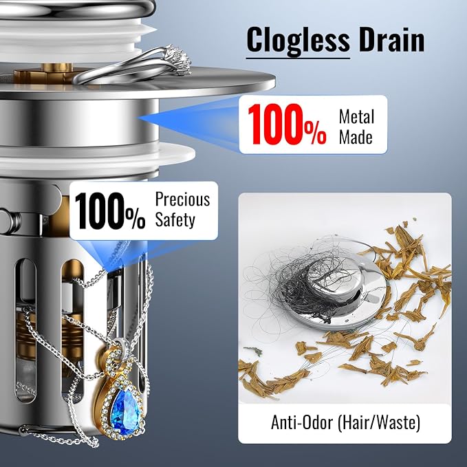 5-in-1 Bathroom Sink Stopper, 2 Pc Pop-Up Sink Drain Strainer with Removable Bascket, Anti-Clog Strainer, Odor Blocking & One-Way Flow Design, Brass & Stainless Steel All Metal Made, Fit 1.1"–2.36"