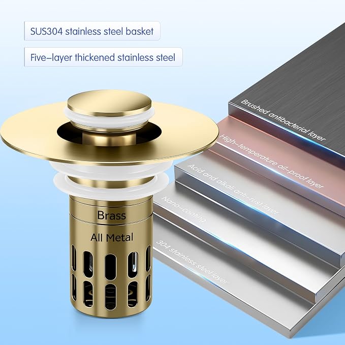 (All Metal) Bathroom Sink Stopper, Pop Up Drain Strainer for Bathroom Sink, Sink Plug Hair Catcher, Silent Popper Core w/Removable Filter Basket,Fit 1.05~2.0''Basin (Gold, 1 Pack)