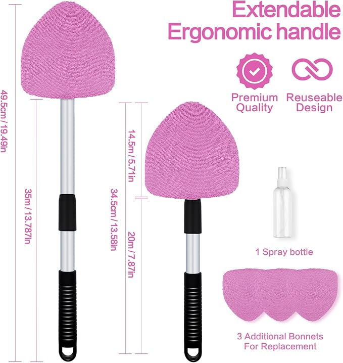 Windshield Cleaner Tool 22.5" L - Car Interior&Exterior Window Cleaning Kit with Extendable Handle&4 Microfiber Pads and Thick Large Wash Sponge, Auto Glass Wiper Brush Kit for Cars Home (7pcs Pink)