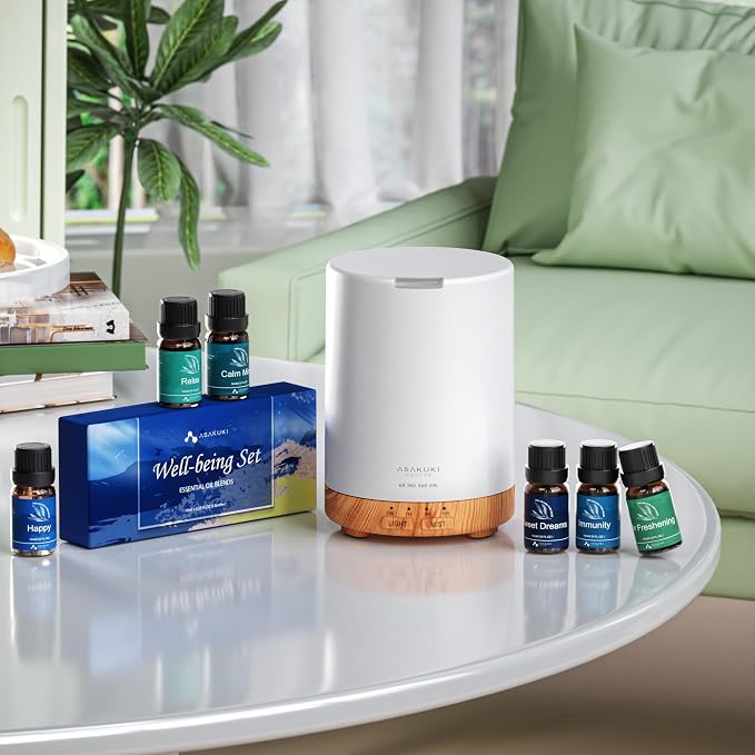 ASAKUKI Essential Oil Diffuser for Home with 6 Essential Oil Sets | 300ml Quiet Diffuser with Automatic Shut-Off, 7 LED Lights for Living Room, Kitchen, Bedroom, Hotel