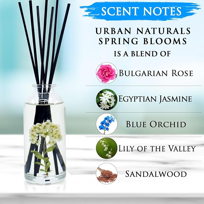 Reed Diffuser Set, Spring Blooms - Bathroom Shelf Décor | Real Flowers in the Bottle Bulgarian Rose, Egyptian Jasmine, Blue Orchid, Lily of the Valley, Amber