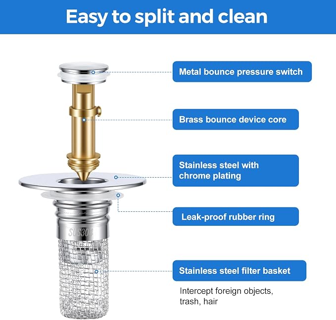 Bathroom Sink Drain Strainer, Pop-up Sink Stopper Hair Catcher with Removable 304 Stainless Steel Strainer Basket Hair Catcher, Bathroom Sink Strainer for Bathroom Sink Stopper Replacement, 2 PCS