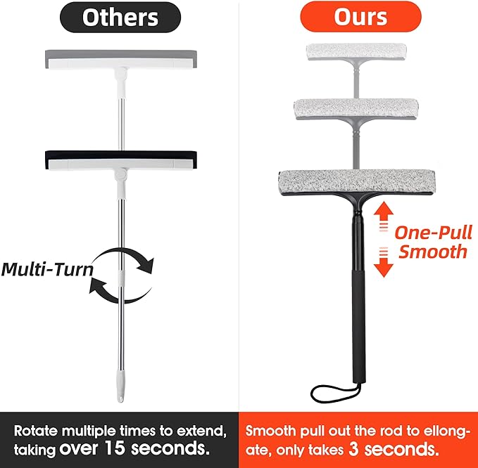 16-59" Telescopic 2-in-1 Window & Shower Squeegee for Glass Doors | 30% thicker silicone blade, microfiber pad, ideal for car windshields, bathroom tiles, RVs, safe high reach without ladders