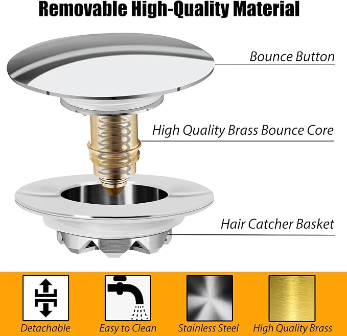 Anlige Bathtub Drain Stopper, Pop Up Tub Stopper and Cover, Bottom with Hair Catcher, Universal for 1.45 to 1.8 in Drain, Replaces Old Drain Plug, Chrome Silver