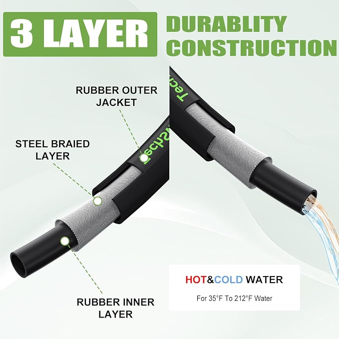 3/8" 4800PSI Pressure washer hose 25ft for cold and hot water Max 248°F with 3/8"quick connect Kink resistant Steel Wire Braided Power Washer Hose with M22 14mm Adapter,Green