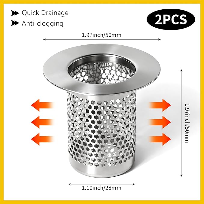 Bathroom Sink Drain Strainer, 304 Stainless Steel Hair Catcher for Bathtub Shower Floor Drain, Bathtub Drain Cover Strainer Basket Fit 1.1" to 1.97" Drain Hole (2PCS)