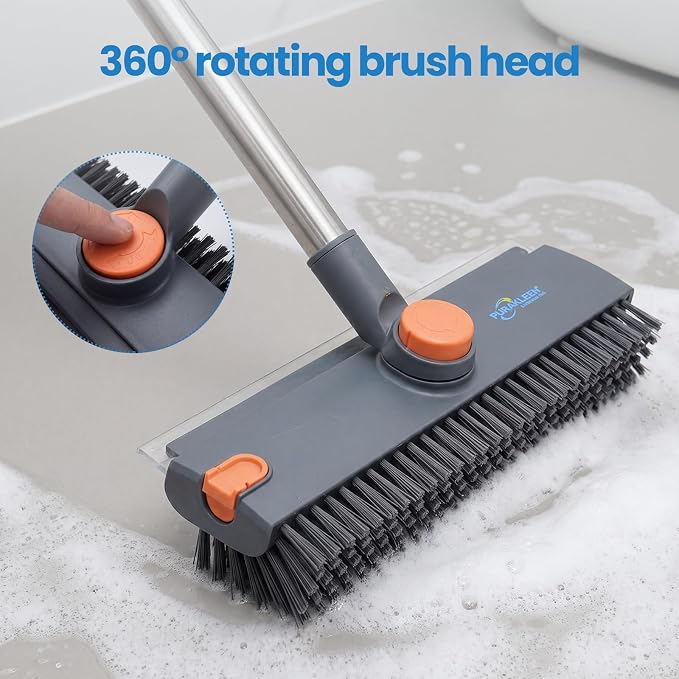 3 in 1 Floor Scrub Brush, Heavy Duty 90° Bristle with Squeegee (Gray) | 3 heights adjustable 360° brush head Perfect for bathroom, kitchen, garage & patio