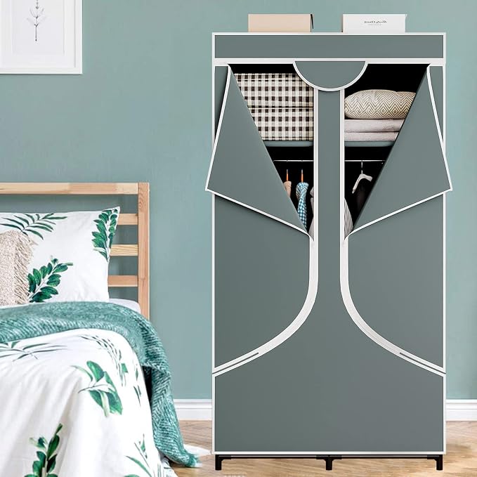 SORCEDAS Portable Closet Wardrobe with Hanging Rods Shelves Clothes Storage | 34 Inch Closet Organizers and Storage with Non-Fabric Cover,Freestanding Clothes Closet for Bedroom,dorm,Storage Rooms Grey