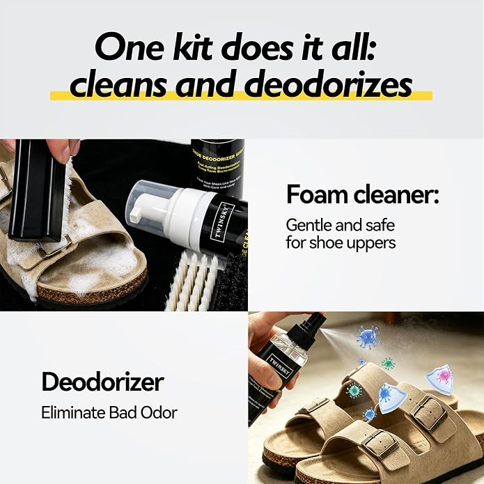 6-in-1 Shoe Cleaning Kit,Compatible with Birkenstock, with Plant-Based Foam, Deodorizing Spray, 3 Brushes & Microfiber Towel, for Sneaker, Leather, Nubuck, Boot, Suede, Athletic Shoes,etc