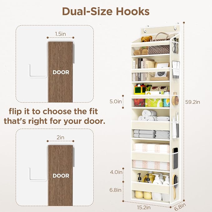 6 Tiers Over The Door Organizer, Behind The Door Storage Hanging Shelves | Heavy Duty Hanging Organizer Storage with Large Capacity Pockets for Closet Wall Bathroom Bedroom Nursery Pantry, 1 Beige