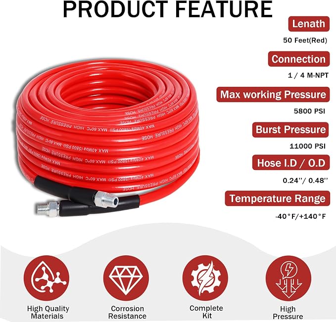 50FT Sewer Jetter Kit for Pressure Washer 5800PSI Drain Cleaner | Includes 5 Sewer Jetting Nozzles Waterproof Tape and Spanners, 1/4" NPT Hose for Drain Cleaning