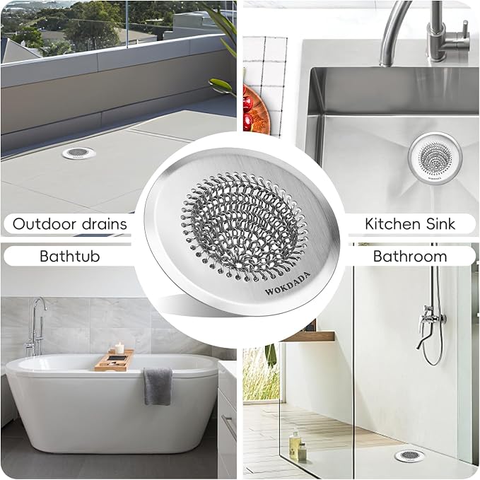 WOKDADA Shower Drain Hair Catcher, 4.4" Anti-Clog Bathtub Drain Cover | Reversible Flip Clean, Anti-Clog Mesh, Fast Drainage, Anti-Slip Base, Rust-Proof, for Bathtub & Shower Drains, Patented