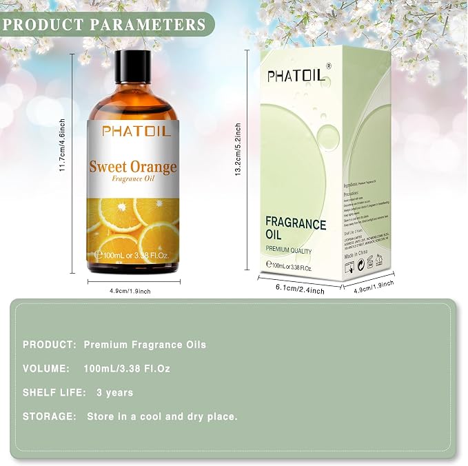 PHATOIL Sweet Orange Fragrance Oil for Diffuser Aromatherapy 3.38FL.OZ | Long Lasting Scented Oils For Humidifier, Air Freshener, DIY Soap Candle, Scent Project Making, Aroma Oil for Home Freshening