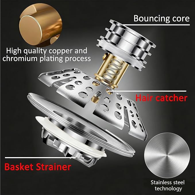 AzWzz Bathtub Drain Stopper, Pop Up Tub Stopper Plug with Bathtub Drain Hair Catcher Cover, Universal for 1.45 in to 1.8 in Tub Drain, Brushed Nickel