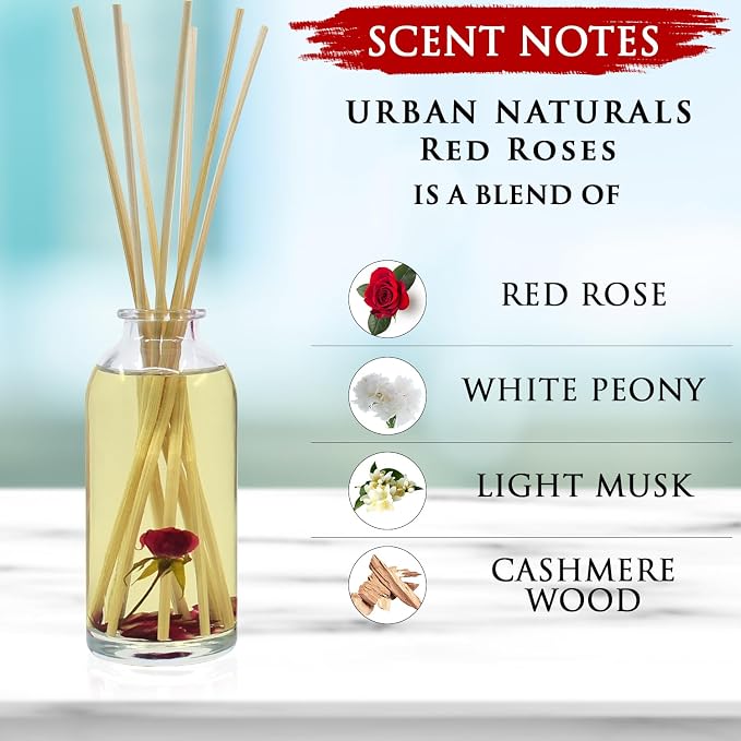 Reed Diffuser Set, Red Roses - Bathroom Shelf Décor | Floral Scented Sticks Room Freshener for Bathroom, Kitchen & Bedroom, Great Gift Idea