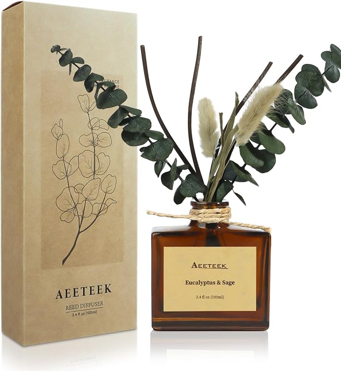 Reed Diffuser, Sage & Eucalyptus Essential Oil Diffuser for Bathroom, 3.4 oz Scented Diffusers, Long-Lasting Fragrance for Home Decor with Dried Flowers | 3.4 oz(100ml) Scented Diffusers, Long-Lasting Fragrance for Home Decor with Dried Flowers