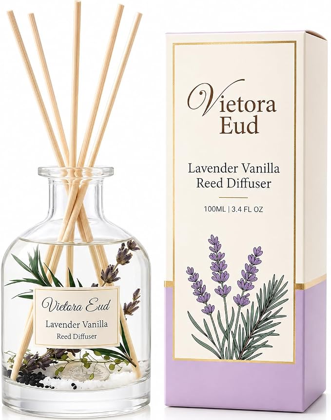 Lavender Vanilla Reed Diffuser, 3.4 Fl Oz | Long-lasting Air Fresheners for Bedroom, Bathroom, Living Room or Office; Gift-ready.
