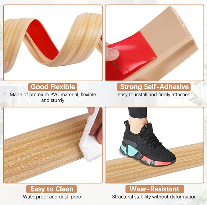 Vinyl Door Threshold Flooring Transition Strip Self Adhesive Carpet Edging Strip for Laminate Doorway Edge Threshold from 1/5" to 2/5" (Light Yellow Wood Grain, 6.6 Ft)