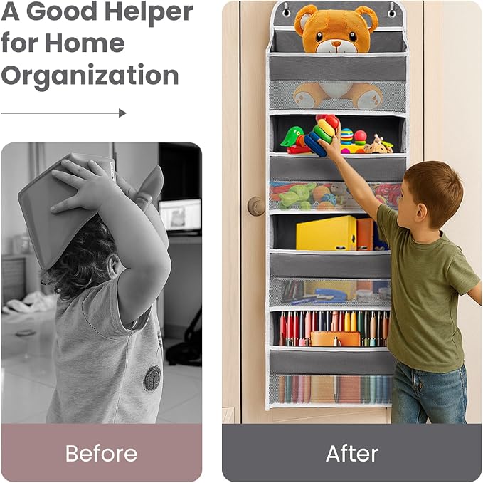 Over The Door Organizer 4 Shelves & 4 Side Pockets, Large Storage Rack | Anti-Tilt Hanging Door Storage for Closet Heavy-Duty Mesh Shelf for Bathroom, Closet, Toy Organization, Shoes, Towels, Grey