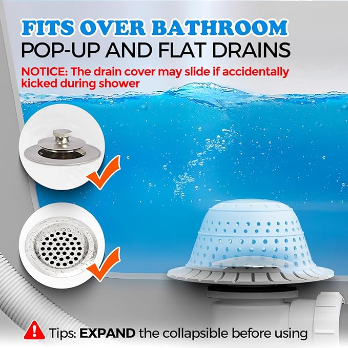 zaa Bathtub Drain Hair Catcher, Premium Silicone Shower Hair Catcher, 1Pack Collapsible Hair Stopper for Pop Up and Regular Drains of Shower, Bathtub, Bathroom Sink, Bathroom Fixture Accessories, Gray