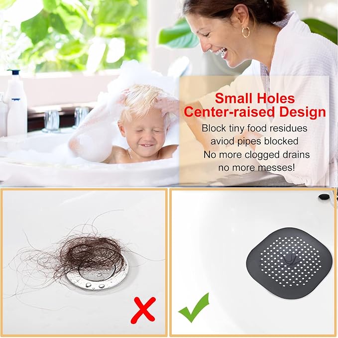 Bovinde Hair Drain Catcher,Square Cover for Shower 4 Pack (Jet Black) | Drainer Cover Silicone Hair Stopper with Suction Cups,Protector Accessories,Easy to Install Suit for Bathroom,Bathtub,Sink