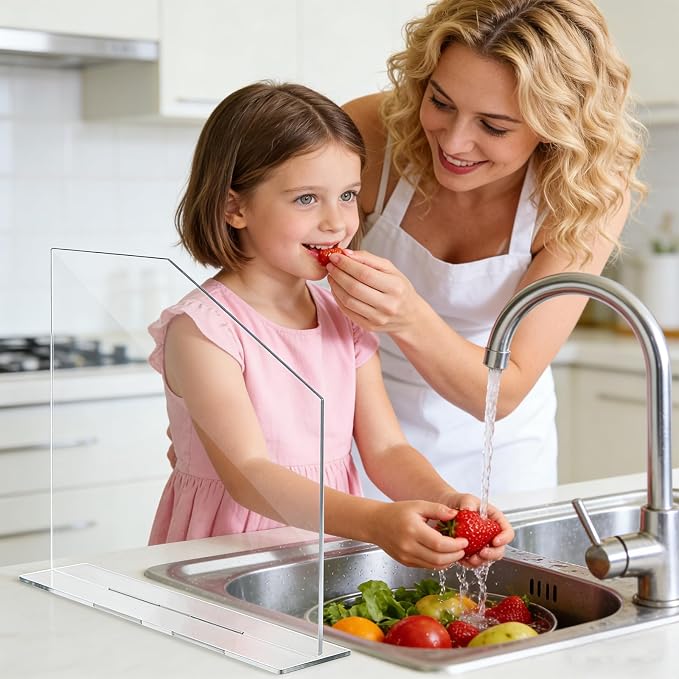 2 PCS Acrylic Sink Splash Guard Clear Splash Guard for Kitchen Sink Area 16.14 * 13.38 Inch Clear Freestanding Panel Barrier with Base