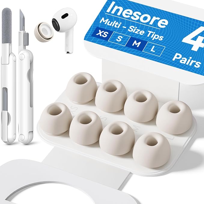 Inesore 4 Pairs Replacement Ear Tips for AirPods Pro 2nd/1st (Stone) | with Noise Reduction Hole & Built-in dust Guard Screen,Silicone,with Portable Storage Box & Cleaner Pen,4 Size (XS/S/M/L)