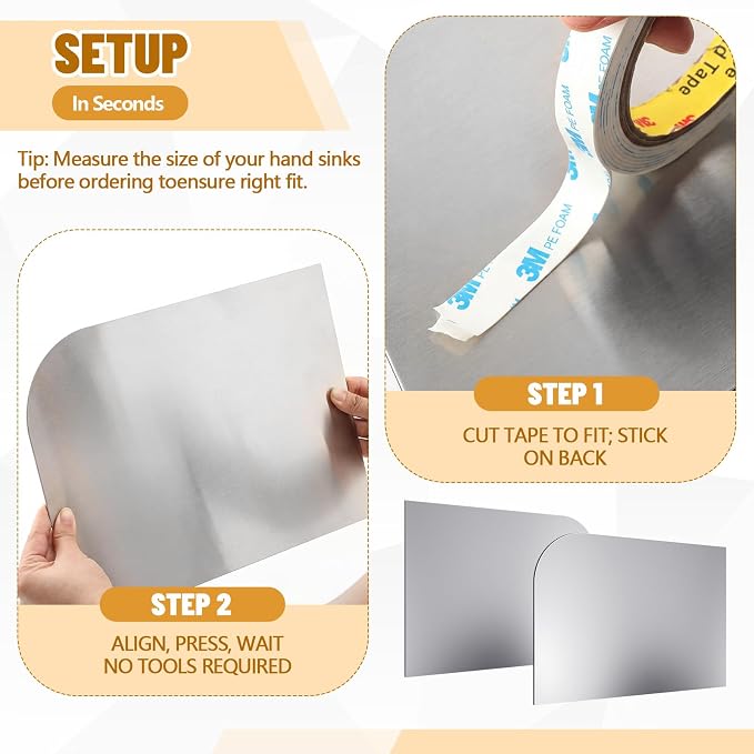 Lewtemi 1 Pcs 14" X 10" Sink Splash Guard for Kitchen 304 Stainless Steel with Double-sided Tape Wall Mount Side Splash Guards Protection for Commercial Kitchens Restaurant Bar Hand Sink