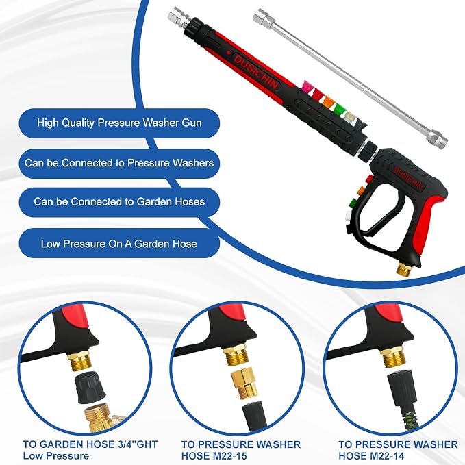 DUSICHIN Pressure Washer Gun Long Wand 36 inches 3 Stages Lance 6 Nozzles, Car Wash Sidewalk Fence Cleaning 3000 PSI High Pressure On Power Washers