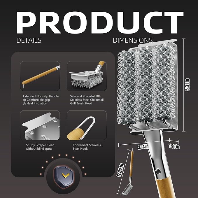 HOUSE AGAIN Grill Brush Bristle Free, Stainless Steel Food-Grade Brush Head with Scraper, Safe Steam BBQ Outdoor Grill Cleaning Brush Barbecue Grill Cleaner Non Wire for Grill Grate/Long Wood Handle