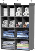 4 Tier Hanging Closet Organizer, 12 Compartments Dual Row Storage, Grey | Closet Organizers and Storage with Large & Small Cubbies, 3 Sturdy Hooks Support Heavy Loads, for Dorm, RV, Garment Rack