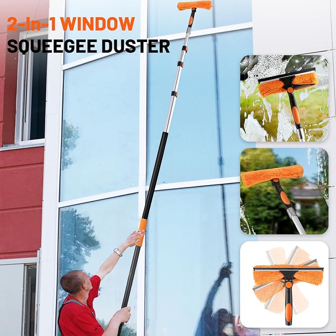 20ft High Reach Duster Kit with Extendable Pole,High Ceiling Duster Kits | Includes Ceiling Fan Blade Cleaner, Cobweb Remover, Bendable Duster, Microfiber Glass Scrubber&Squeegee(Extension pole:5-12ft