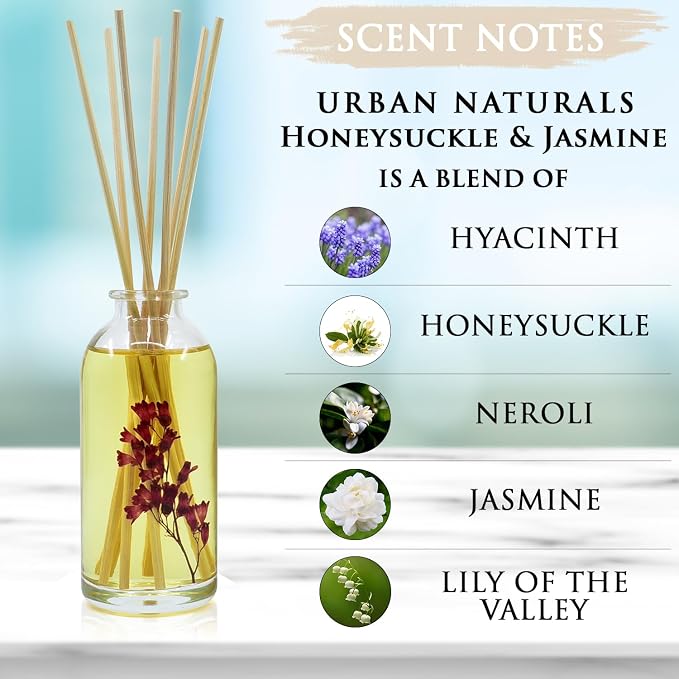 Reed Diffuser Set, Honeysuckle & Jasmine - Bathroom Décor | Hyacinth, Cassis, Neroli & Geranium, Long Lasting Air Freshener for the Bedroom, Bathroom or Office, Made in the USA