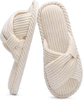 Evshine Summer House Slippers for Women Corduroy Cross Bow Indoor Slippers Open Toe Slip On Bedroom Shoes with Memory Foam