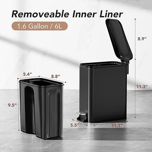 Small Trash Can with Lid Soft-Close, 6 L/1.6 Gal Bathroom Garbage Can with Removable Inner Bucket, Step Pedal, Stainless Steel Wastebasket for Kitchen, Bathroom, Bedroom, Office, Matt Black
