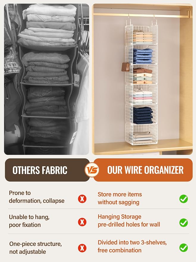 6 Tier Closet Hanging Organizer, Metal Closet Organizers and Storage with 4 Hanging Hooks 4 S-Hooks for Wardrobe Laundry Room, Wire Storage Shelf for Clothes Sweaters Pants (White)