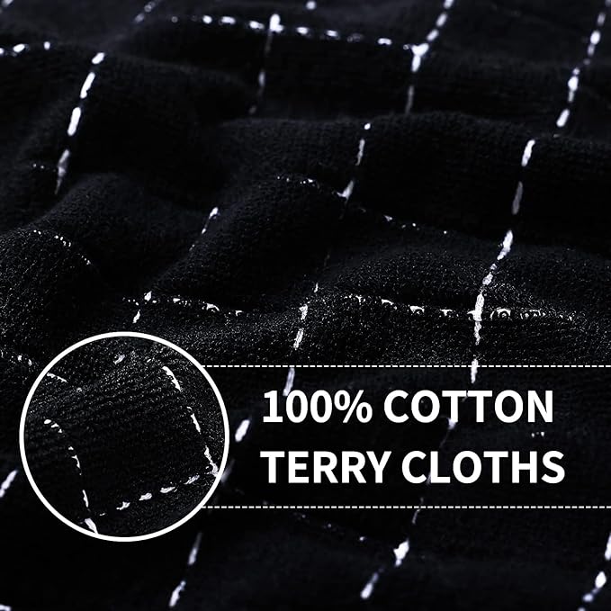 Homaxy 100% Cotton Terry Kitchen Towels(Black, 13 x 28 inches), Checkered Designed, Soft and Super Absorbent Dish Towels, 8 Pack