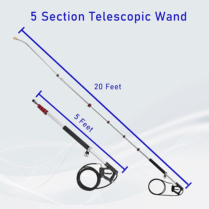M MINGLE 20 FT Telescoping Pressure Washer Wand, 4000 PSI | High-reach Spray Wand Kit with Gutter Attachment, 5 Nozzle Tips, Couplers and Support Belt, for Roof Edges, Soffits and Walls
