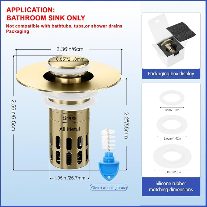 (All Metal) Bathroom Sink Stopper, Pop Up Drain Strainer for Bathroom Sink, Sink Plug Hair Catcher, Silent Popper Core w/Removable Filter Basket,Fit 1.05~2.0''Basin (Gold, 2 Pack)