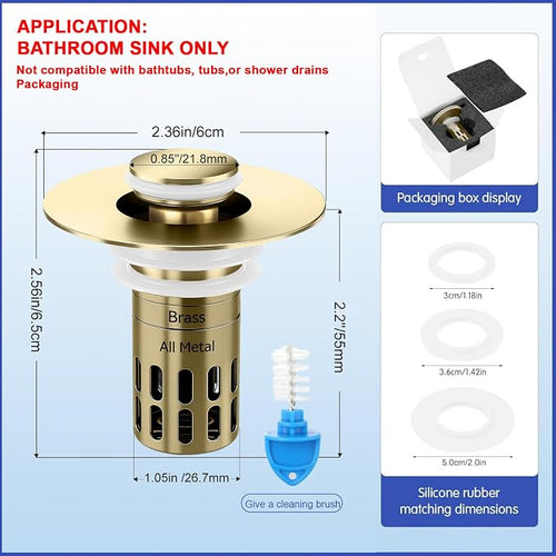 (All Metal) Bathroom Sink Stopper, Pop Up Drain Strainer for Bathroom Sink, Sink Plug Hair Catcher, Silent Popper Core w/Removable Filter Basket,Fit 1.05~2.0''Basin (Gold, 2 Pack)