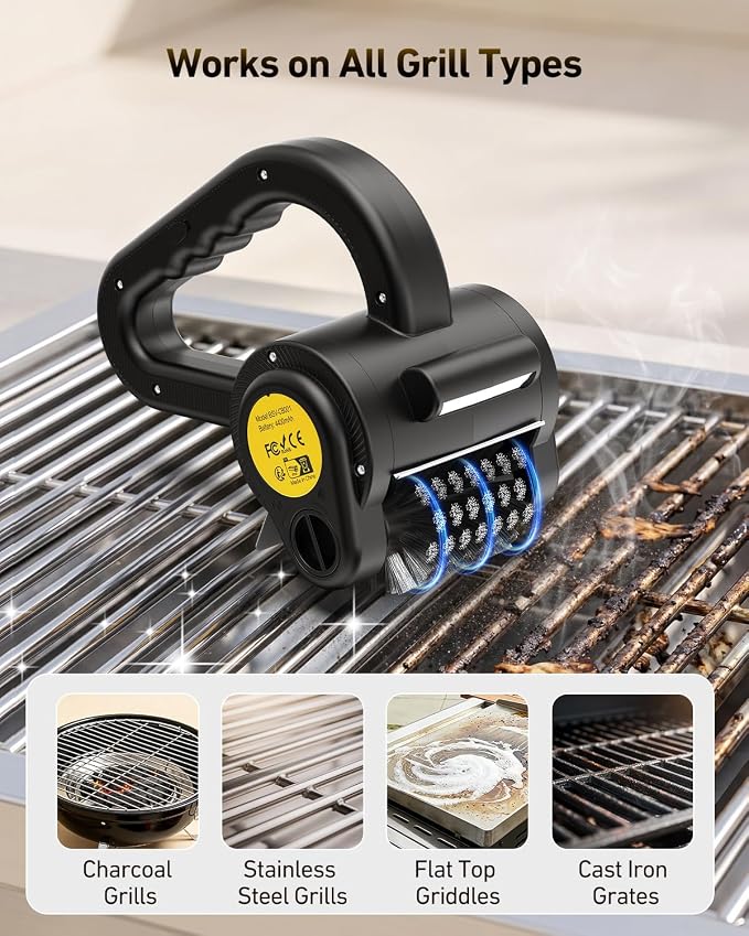 Electric Grill Brush, BBQ Grill Brush for Outdoor Use with LED Light, 300 RPM Powerful Cleaning, 4400mAh Battery, Splash Guard, Reinforced Steel Bristles for Cast Iron & Stainless Steel Grills