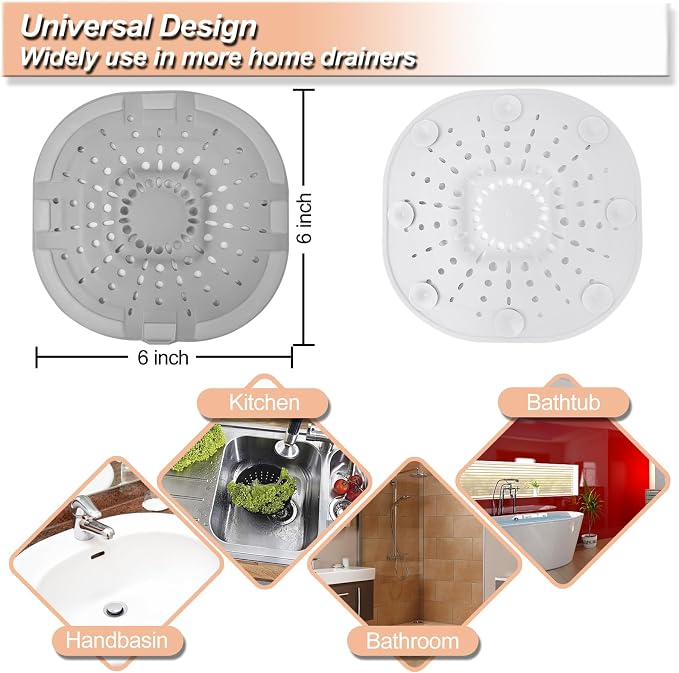 Bovinde Hair Drain Catcher,Square Cover for Shower 2 PCS (Light White Grey) | Drainer Cover Silicone Hair Stopper with Suction Cups,Protector Accessories,Easy to Install Suit for Bathroom,Bathtub,Sink