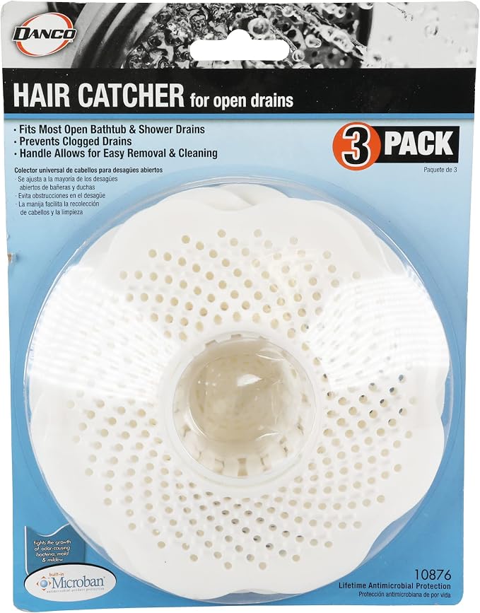 Danco Bathtub Drain Hair Catcher with in-Drain Basket and Strainer Pegs, fits 1.25″ Tub Drains, White, 3-Pack, (10876)