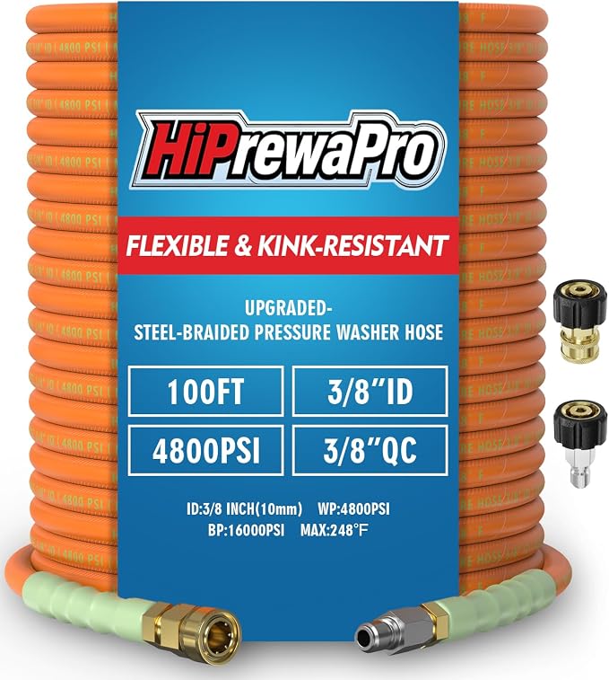 3/8" ID Pressure Washer Hose 100 ft, 4800 PSI Steel-Braided & Durable - Flexible & Kink-Resistant, Power Washer Hose with Swivel Quick Connect & M22-14mm Adapter, Hot/Cold Water Compatible
