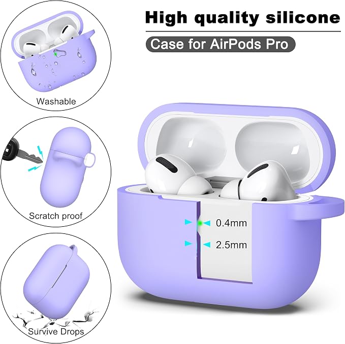 R-fun for AirPods Pro 2 Case, Soft Silicone Protective Cover with Keychain and Cleaning Pen, Compatible with AirPods Pro 2nd/1st Generation, Supports Wireless Charging, Lilac