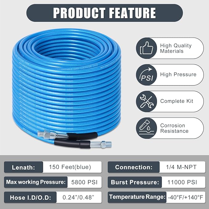 150FT Sewer Jetter Kit for Pressure Washer 5800PSI Drain Cleaner | 1/4" NPT Sewer Hose with 4 Jetting Nozzles, Handle Strap and Accessories for Long Distance Drain Cleaning