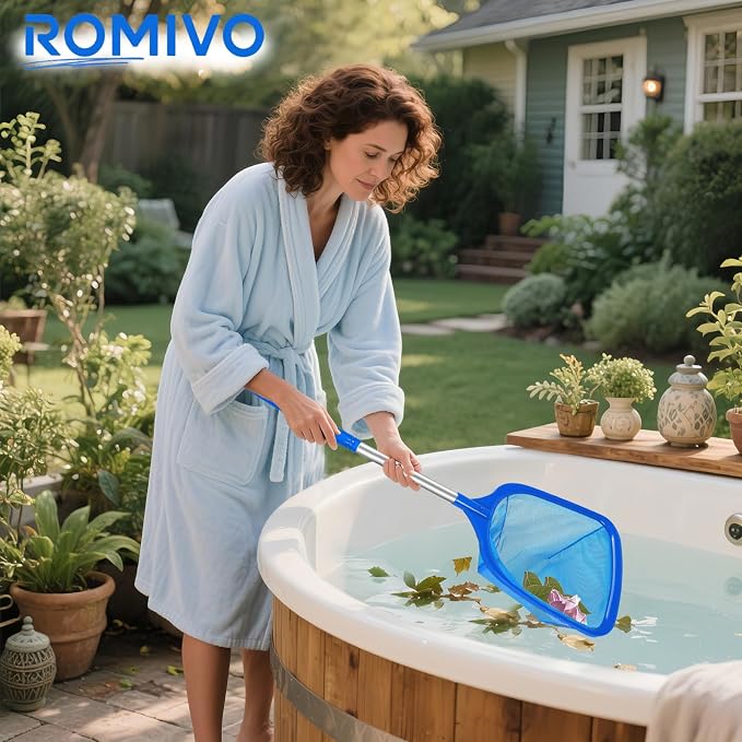 Pool Skimmer Net with Telescopic Pole – Fine Mesh for Leaves, Dust, Debris – Lightweight Safe-Edge Extendable 2.6–5.7 ft Aluminum Handle for Pools, Spas, Hot Tubs, Ponds & Garden Water