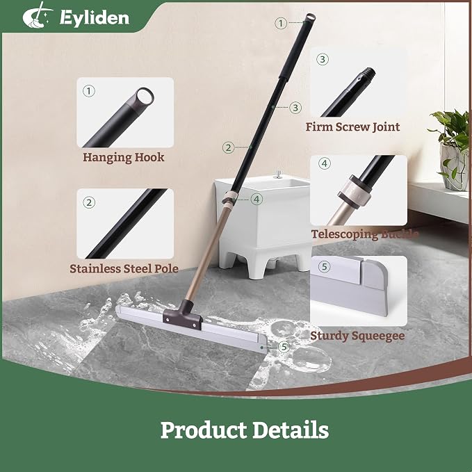 Eyliden 17" Rubber Floor Squeegee, Quick Water & Foam Removal Broom | Heavy-Duty, Dual-Action Push & Scrape, Squeegee for Shower Glass Concrete Garage Commercial Epoxy Floors
