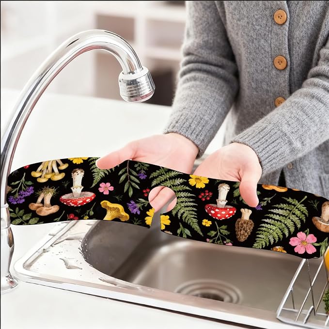 2 Pcs Kitchen Sink Splash Guard Faucet Mats Colorful Mushrooms and Flowers Pattern Faucet Mat for Sinks Leaves Absorbing Drying Mat for Kitchen Bathroom, 23.6x5.5inch
