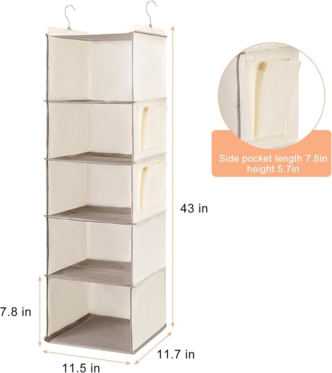 BOOMIBOO Hanging Closet Organize and Shelves,5-Hanging Shelf （Beige） | Dorm Room Essentials, Clothes Organizer with 2 Side Pockets, Hanging Shelves for Closet Storage, Breathable Fabric